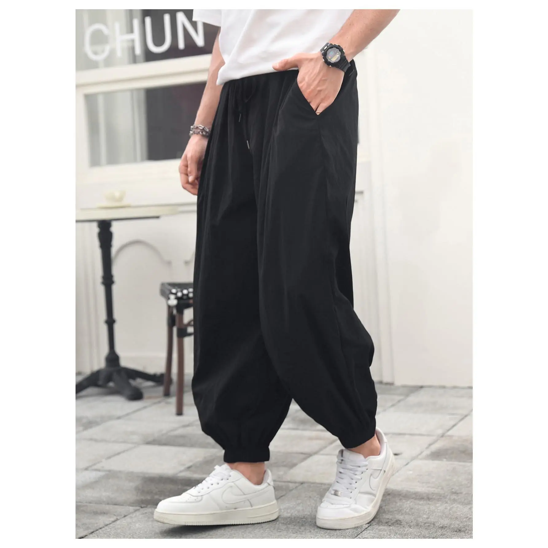 Men's Oversized Drawstring Waist Harem Pants - Elastic Baggy Long Casual Joggers with Pockets, Workout-to-Street Tee-Compatible Menswear Bottoms