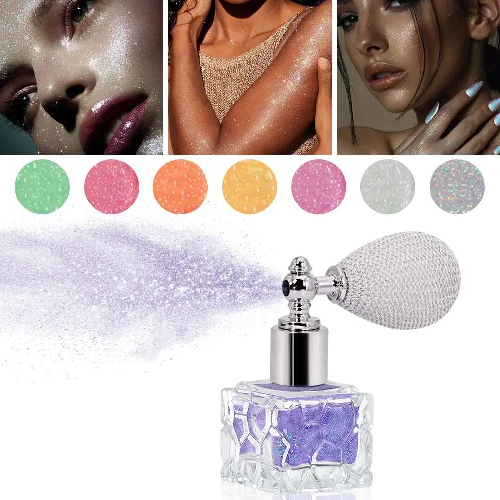 Multi Color Shimmer Highlighter Powder Puff, Pearlescent Fine Glitter Powder Spray, Scented Loose Glow Powder, Sparkling Brightening Face and Body Highlighter for Cheeks, Collarbone, Party, Stage, Nightclub and Photo Looks, Makeup Highlighter