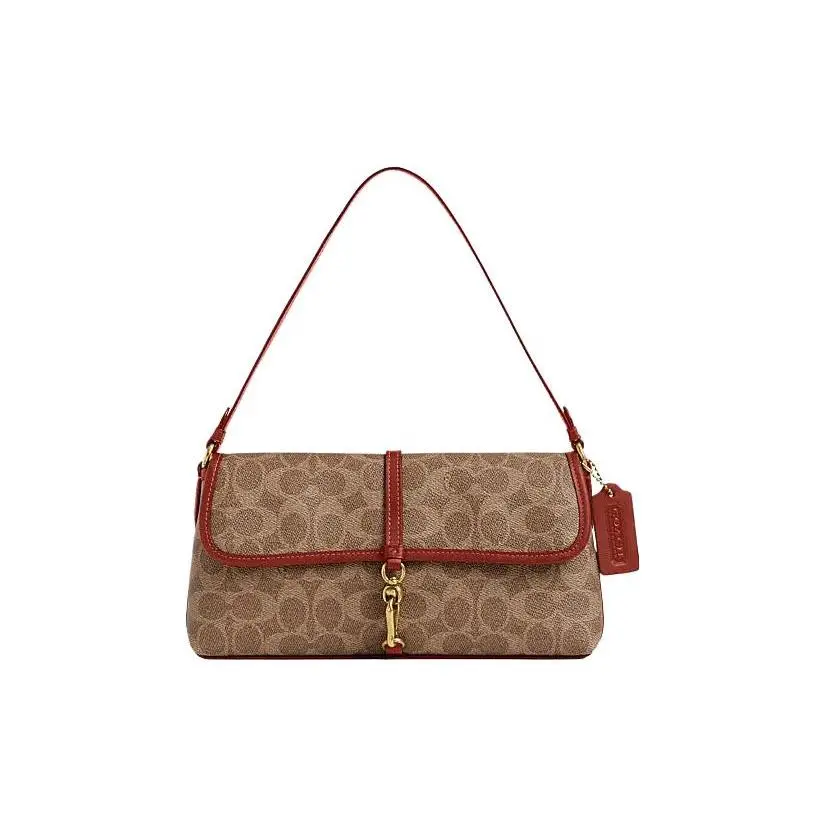 COACH Hamptons 26 Classic Monogram Snap-Clasp Striped Quilted Faux Leather Shoulder Handbag for Women in Tan and Rust