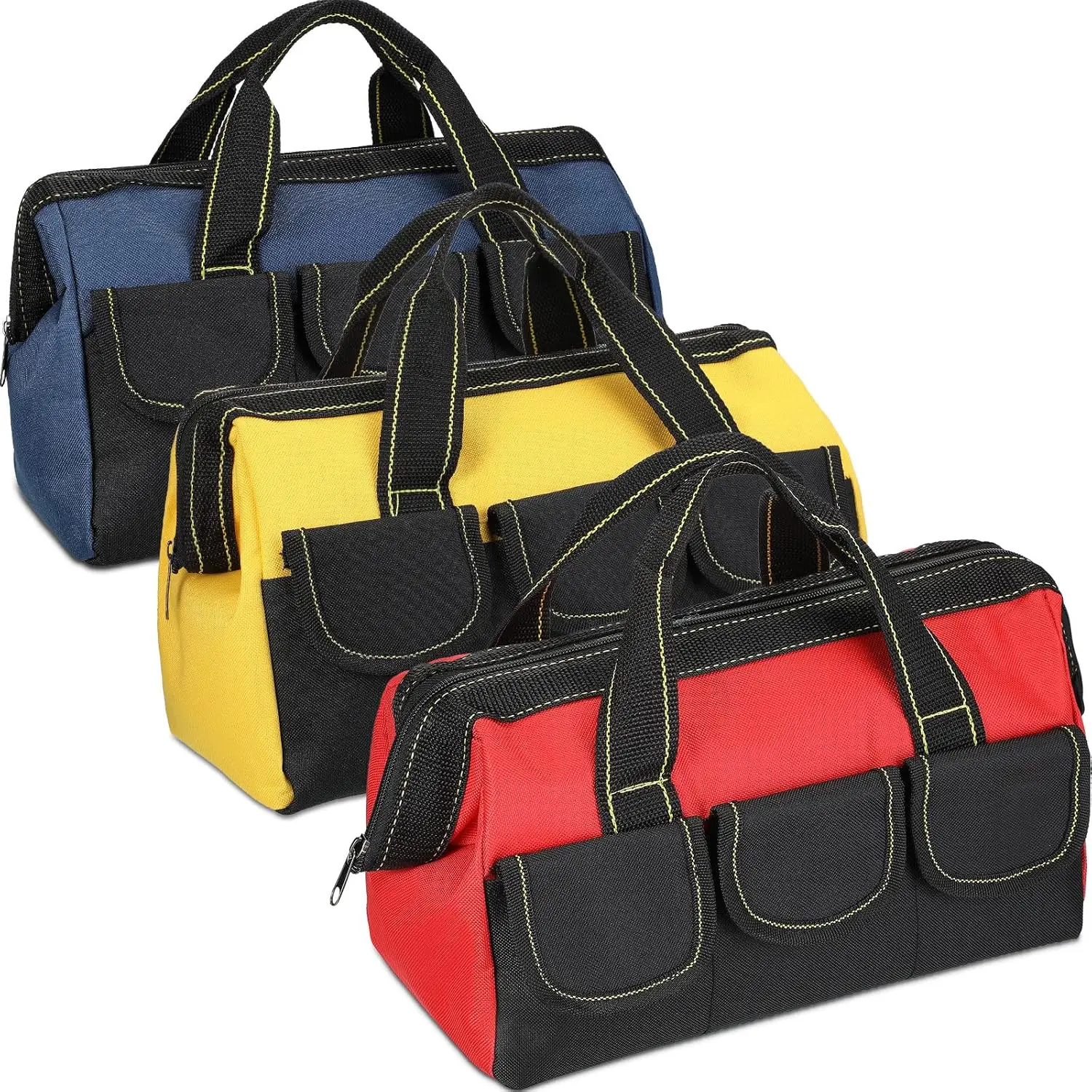 13 Inch Classic 3-Pack Tool Bag Set (Blue, Red, Yellow) - Waterproof Hard Bottom, Heavy Duty Wide Mouth Tote for Electricians, Father's Day Gifts for Dad, Husband, Garage & Office Use