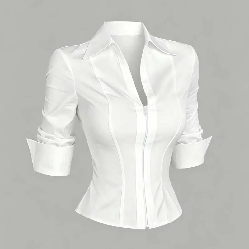2026 New Lapel Shirt with Front Zipper, Slim-Fit Short Sleeve Top, Casual Plain Tops, Versatile for Office, Vacation, Night Out, All Seasons