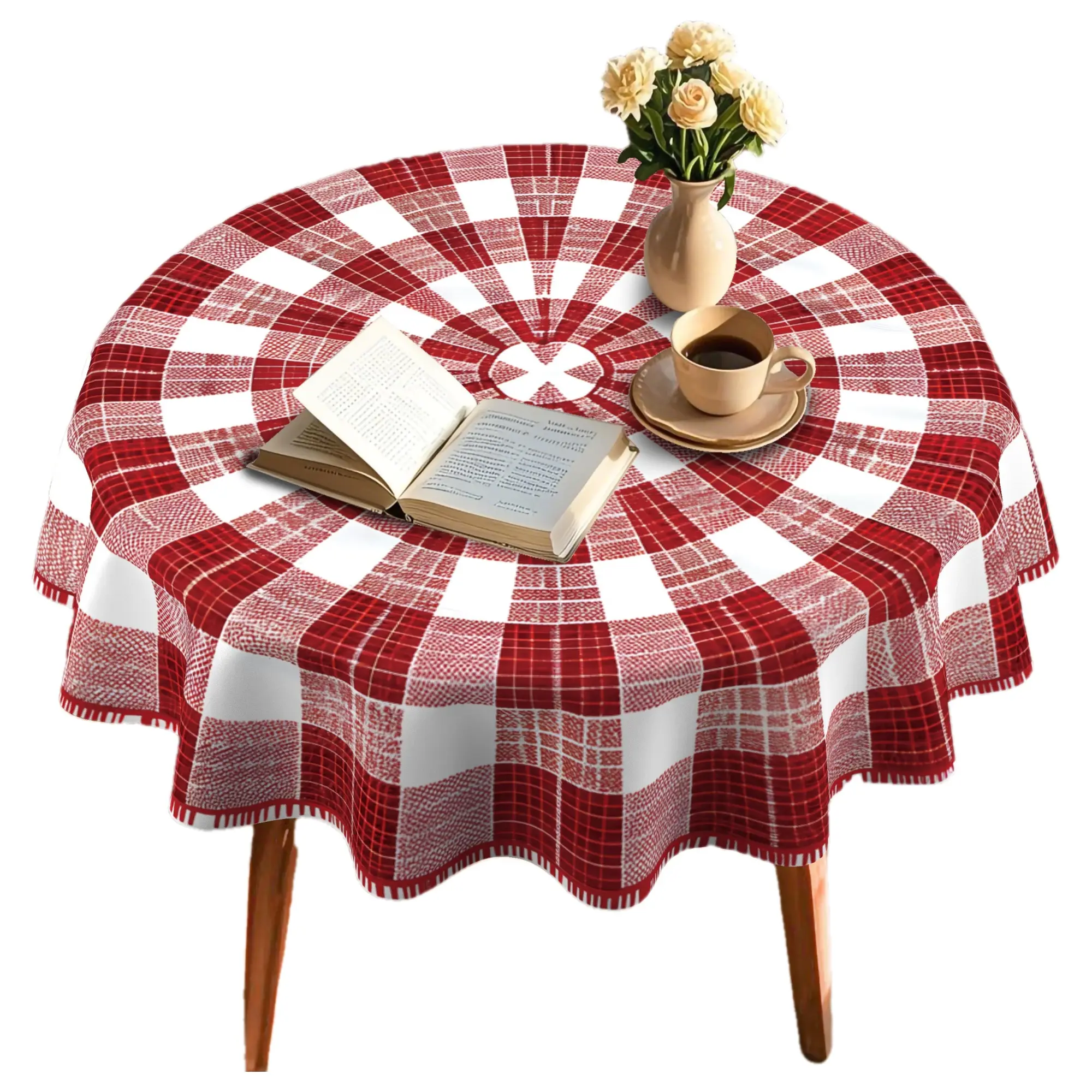 Red and White Checkered Pattern Printed Circular Tablecloth, Durable, Easy To Clean, and Machine Washable. Suitable for Indoor and Outdoor Use. Very Suitable for Daily Dinners, Gatherings, Home Decor, and Holiday Decorations