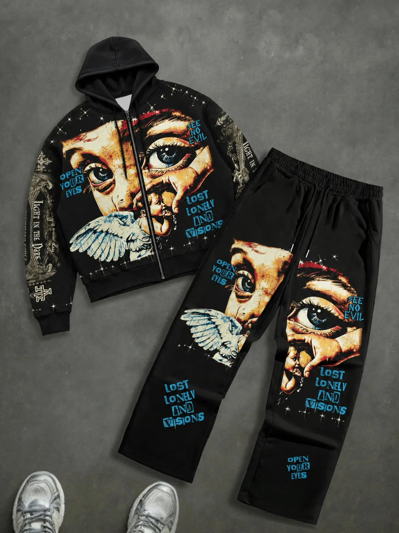 Y2K Gothic Art Graphic Zip Hoodie Set for Men, Vintage Painting Print, Loose-Fitting Street Style, Casual Sweat Suit, Two-Piece Outfit