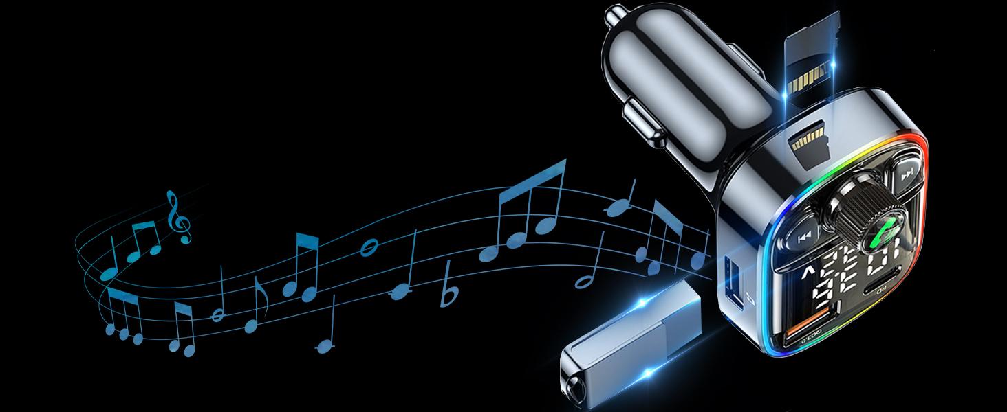 Bluetooth 5.4 Car Adapter, FM Transmitter with 42W Fast Charging (QC3.0/Type-C), Dual LED Display, HiFi Bass, Handsfree Calls, TF/USB Player & 7-Color Backlit