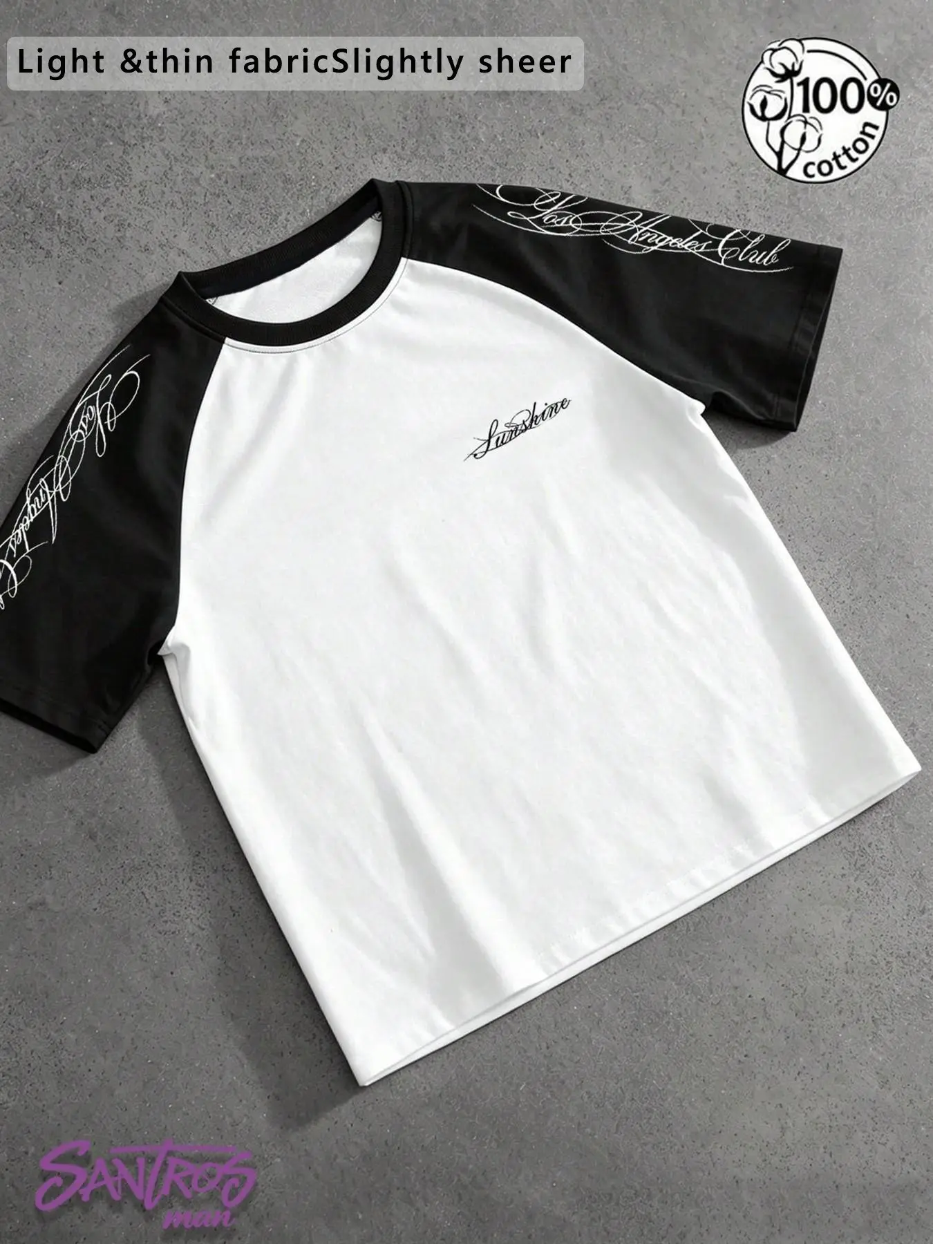 Unisex 100% Cotton Black and White Raglan Sleeve Casual Loose Aesthetic Summer T-Shirt with Cursive Text Print West Coast American Streetwear Top