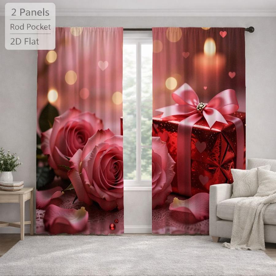 2Pcs Romantic Pink Rose Flower Gift Box Sun Blocking Curtains Digital Printed Rod Pocket, Window Treatment For Bedroom Office Kitchen Living Room Study Home Decor