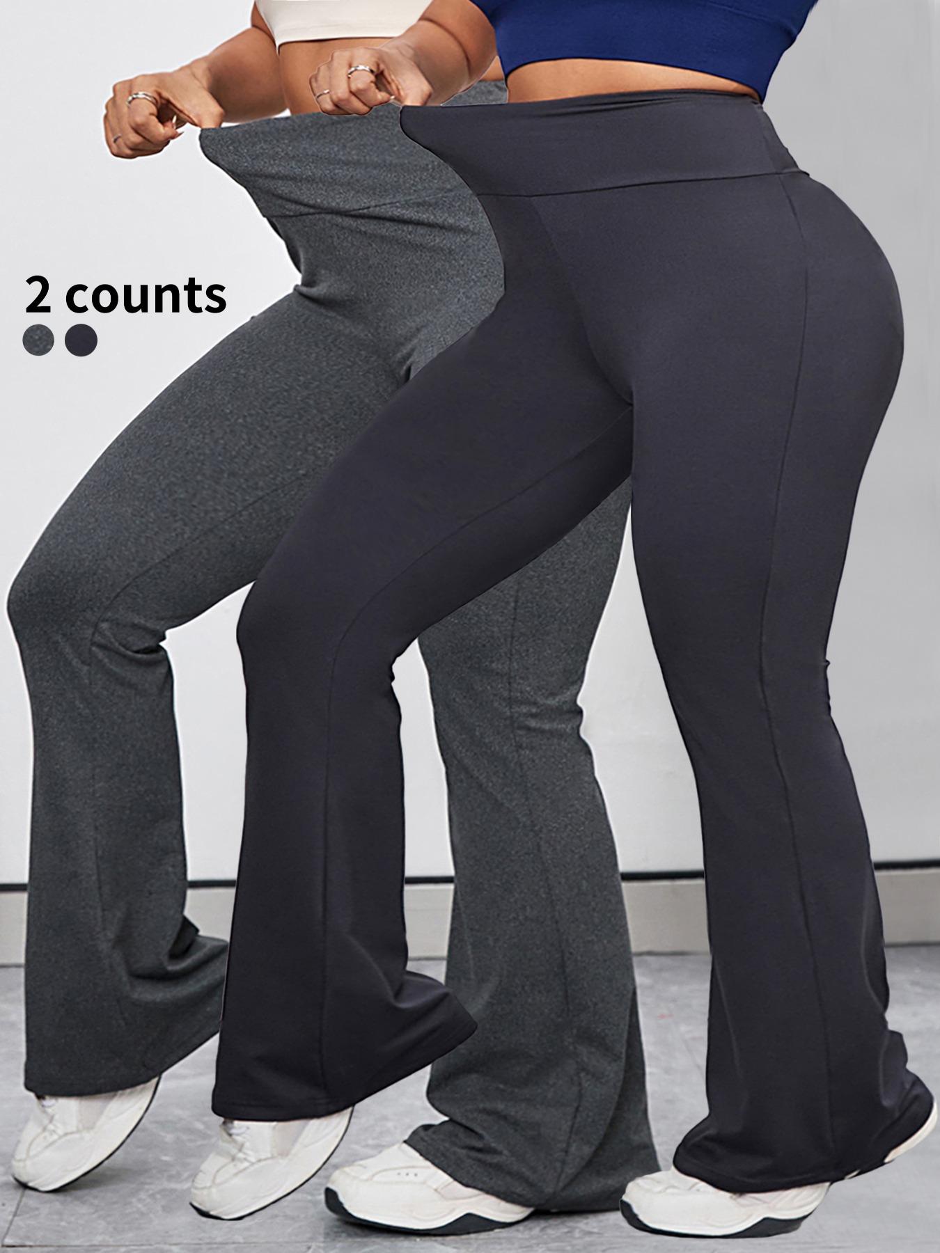 Plus Size Solid High Waist Flare Leg Sports Leggings, Breathable Wide Waistband Bell Bottom Pants for Yoga, Gym and Fitness, Women's Plus Sportswear for Summer