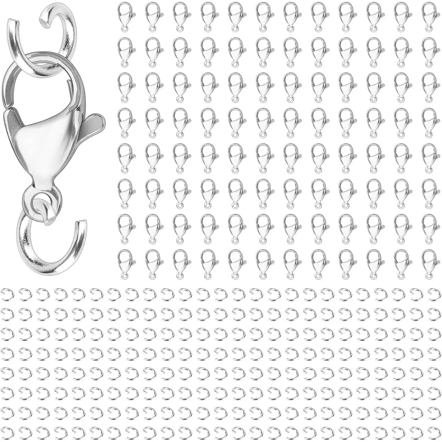 300 count Stainless Steel Lobster Claw Clasps for Necklace/Bracelet  Making, 12mmx6mm  Clasps and Closures, Tarnish-Resistant & Colorfast Lobster Clip Findings & Open Jump Rings Set
