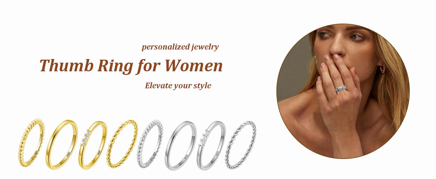 *4PC Gold Rings for Women, S925 Sterling Silver 14k Gold Filled Plated Stackable Thin Thumb Ring Set Cubic Zirconia Dainty Stack Gold Knuckle Rings Set Size 6-10  RSCC5