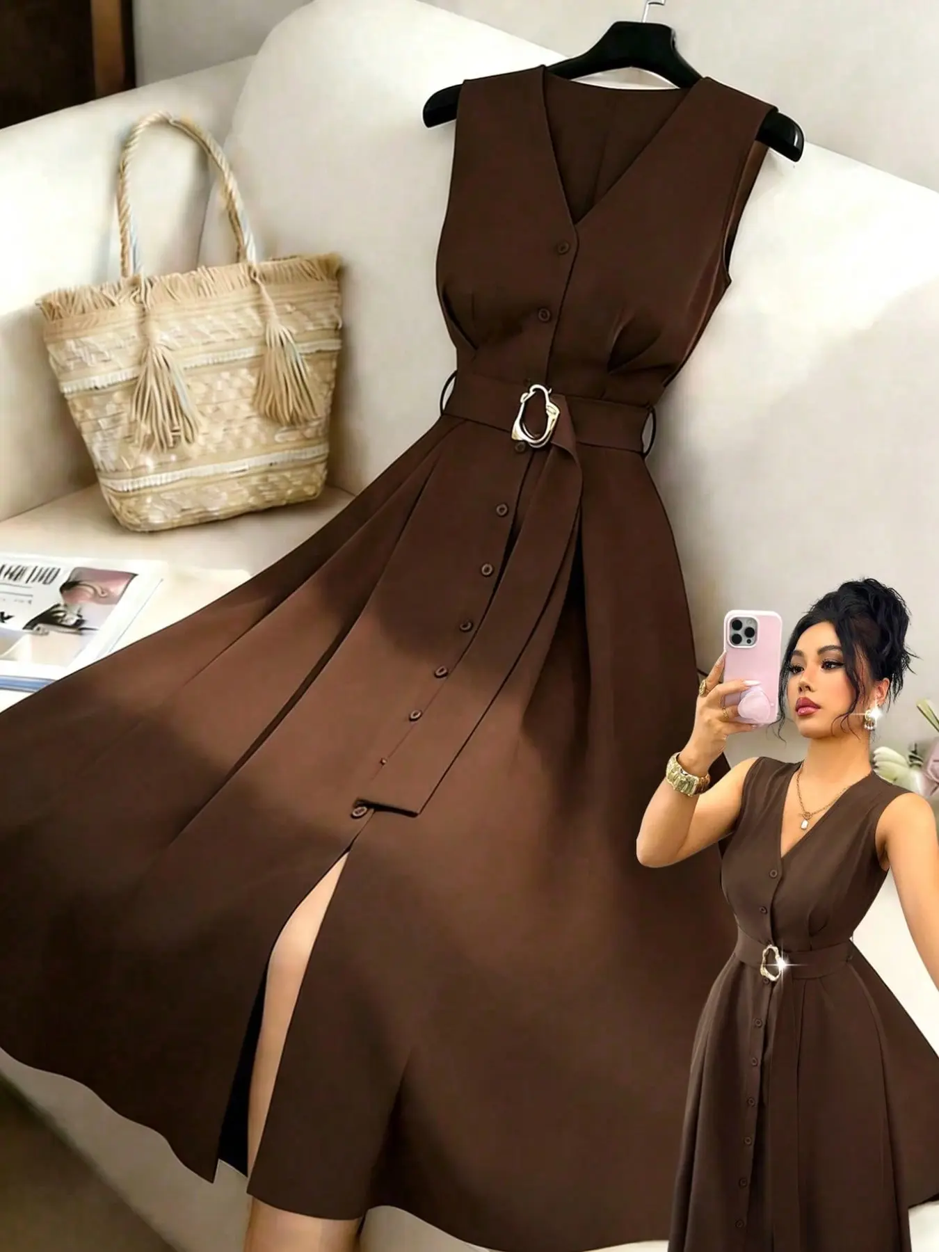 New Women's Sleeveless V-Neck Knit Cardigan, Elegant Metal Ring Decoration, Slim Fit Versatile Long Dress, Stylish and Chic