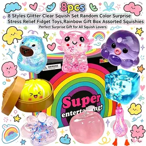 Novelty Slow Rebound Sensory Fidget Toys 8 Pack, Soft Portable Glitter Transparent Squishy Balls with Mixed Animal & Fruit Shapes, Anxiety Relief squeeze toy for Daily Relax, Perfect Classroom Reward & Holiday Birthday Gifts