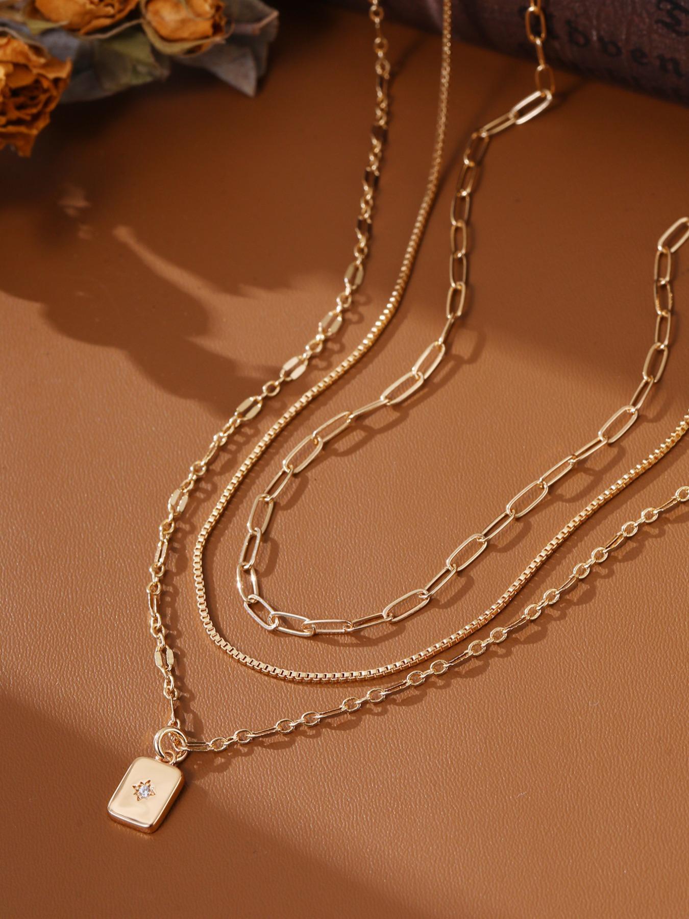 3 Piece Trendy Grid Paperclip Box Chain Set with Sparkling Star Artificial Zircon Rectangle Mini Pendant Necklace Minimalist Chain Necklace