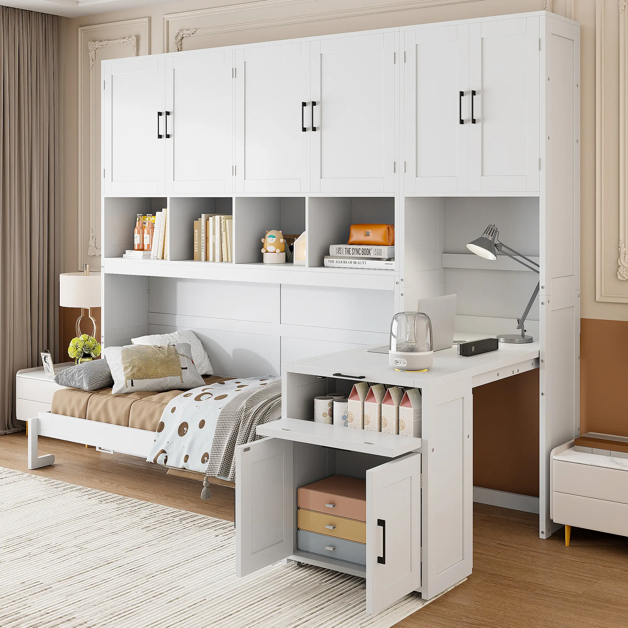 ARCH Twin Size Murphy Wall Bed Combo Unit - MDF+LVL Material, White, Storage Organization, Modern Home Decor, Closet, Drawers, Desk, Shelf, Space-Saving Fold-Down for Bedroom Home Office, Requires Tools, sohochic