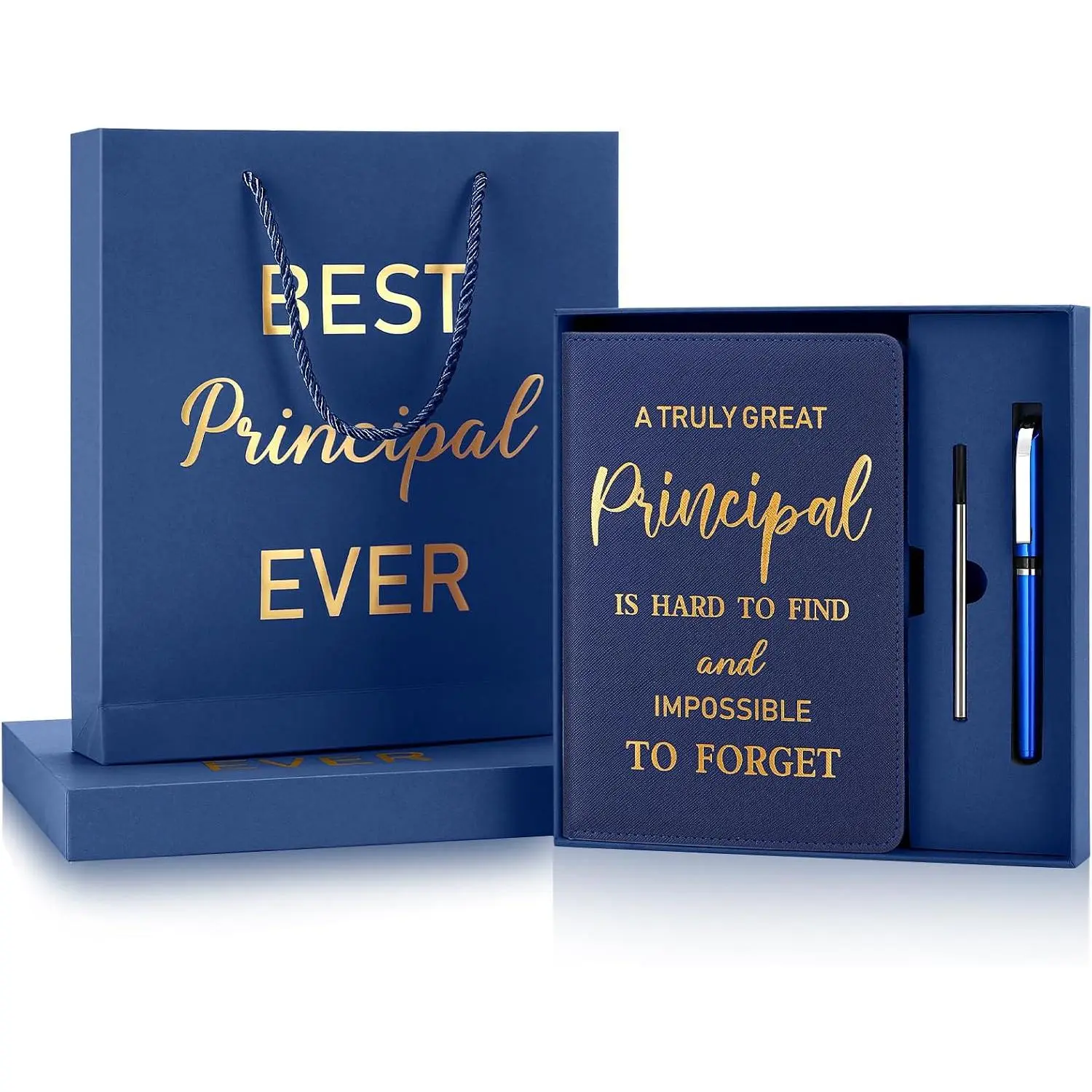 Principal Gift Set, 3-Count A5 Size Leather Cover Journal with Ballpoint Pen, Personalized Bag & Box - Office Stationery for Educator Birthday Gifts (Blue, Printed Text), Modern