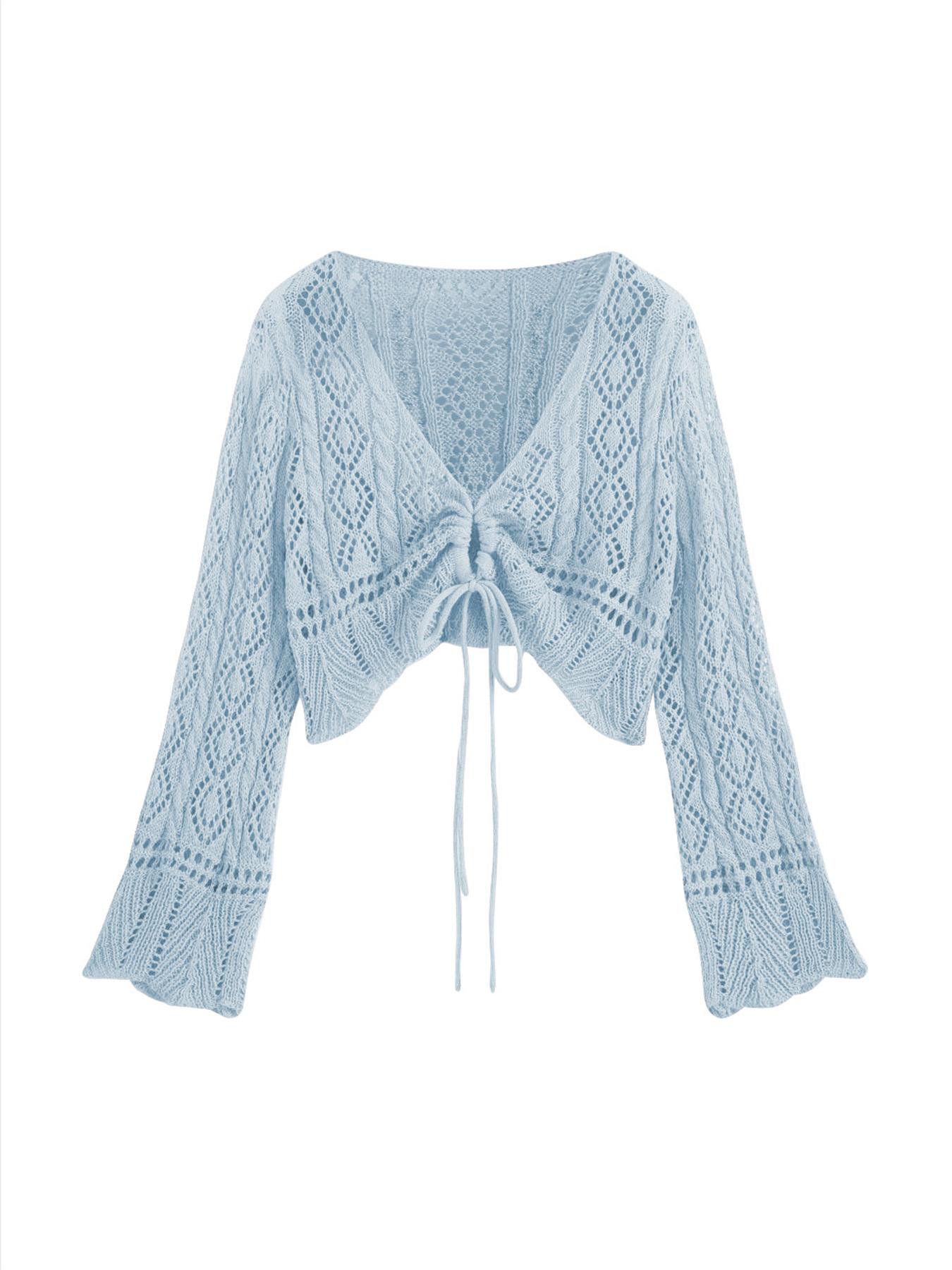 【Plus Size】 Hollow Out Drawstring Sheer Cardigan, Casual Flounce Sleeve V Neck Knitwear Top for Spring & Fall, Women's Plus Clothing for Daily Wear