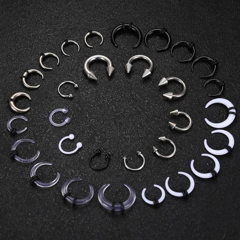 FINREZIO 30Pcs Septum Pincher Tapers 16G 14G 12G 10G 8G 6G Horseshoe Septum Rings Stainless Steel C Shape Septum Piercing Jewelry Nose Ear Cartilage Septum Stretching Kit for Women Men Daily