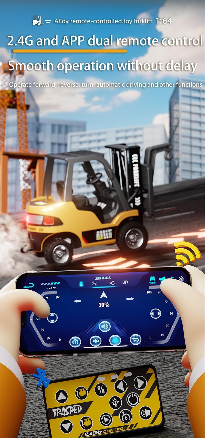 1/64 Mini RC Forklift, Remote Control Excavator, 11 Channel 2 Mode 2.4Ghz Remote Control Alloy Construction Vehicles Set with USB-C Rechargeable, 2 in 1 Transformable Lift Fork & Hook, Birthday Christmas Gift for Kids Adults Boys and Girls