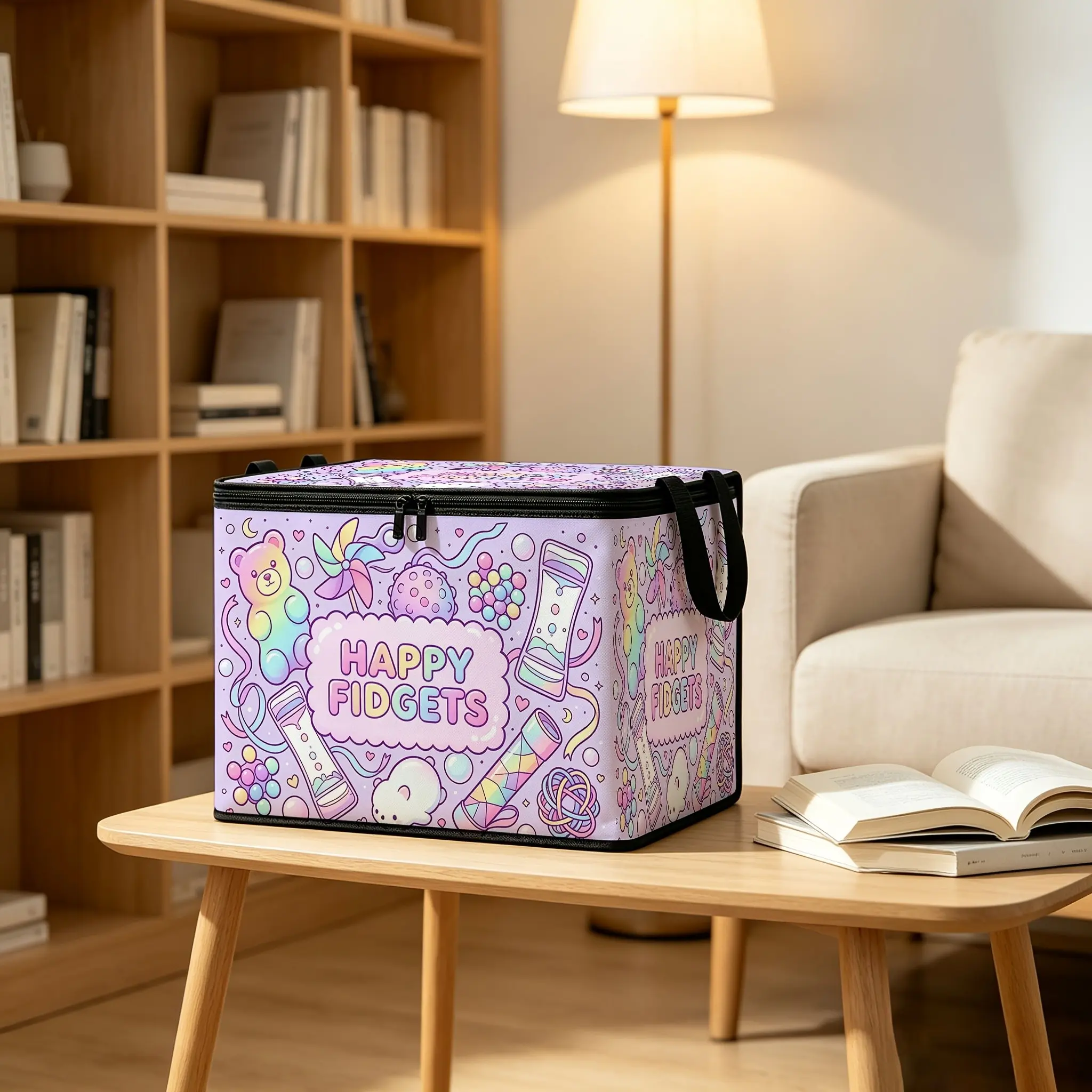 Happy Fidgets Storage Box, Reusable Durable Dual Zipper Folding Bag, Organize Clothes, Blankets, Dolls, Bedroom Closet Organizer