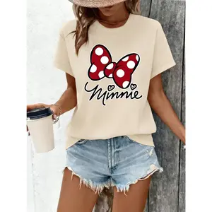 Minnie-style Red Polka Dot Bow and Handwritten "Minnie" Pattern Summer New Women's T-shirt Short Sleeve Top Casual Fashion Printed T-shirt for Women Elegant Women's Clothing