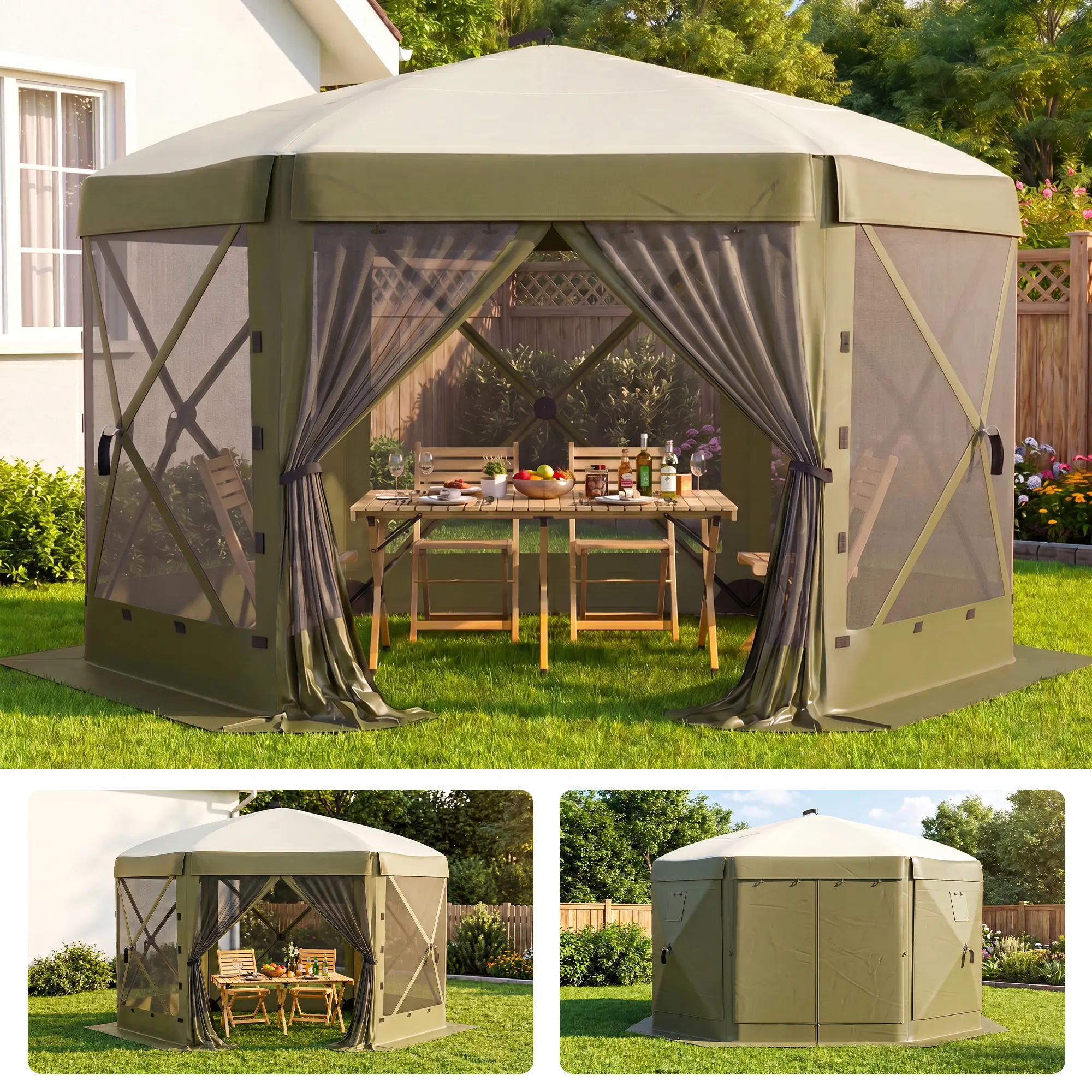 13x13FT Large Hexagonal Portable Gazebo - Quick 1-Push Setup Pop-Up Shelter Screen Tent with 6 Mesh Sides - Enclosed Canopy for Camping, Outdoor Events, Bug Protection
