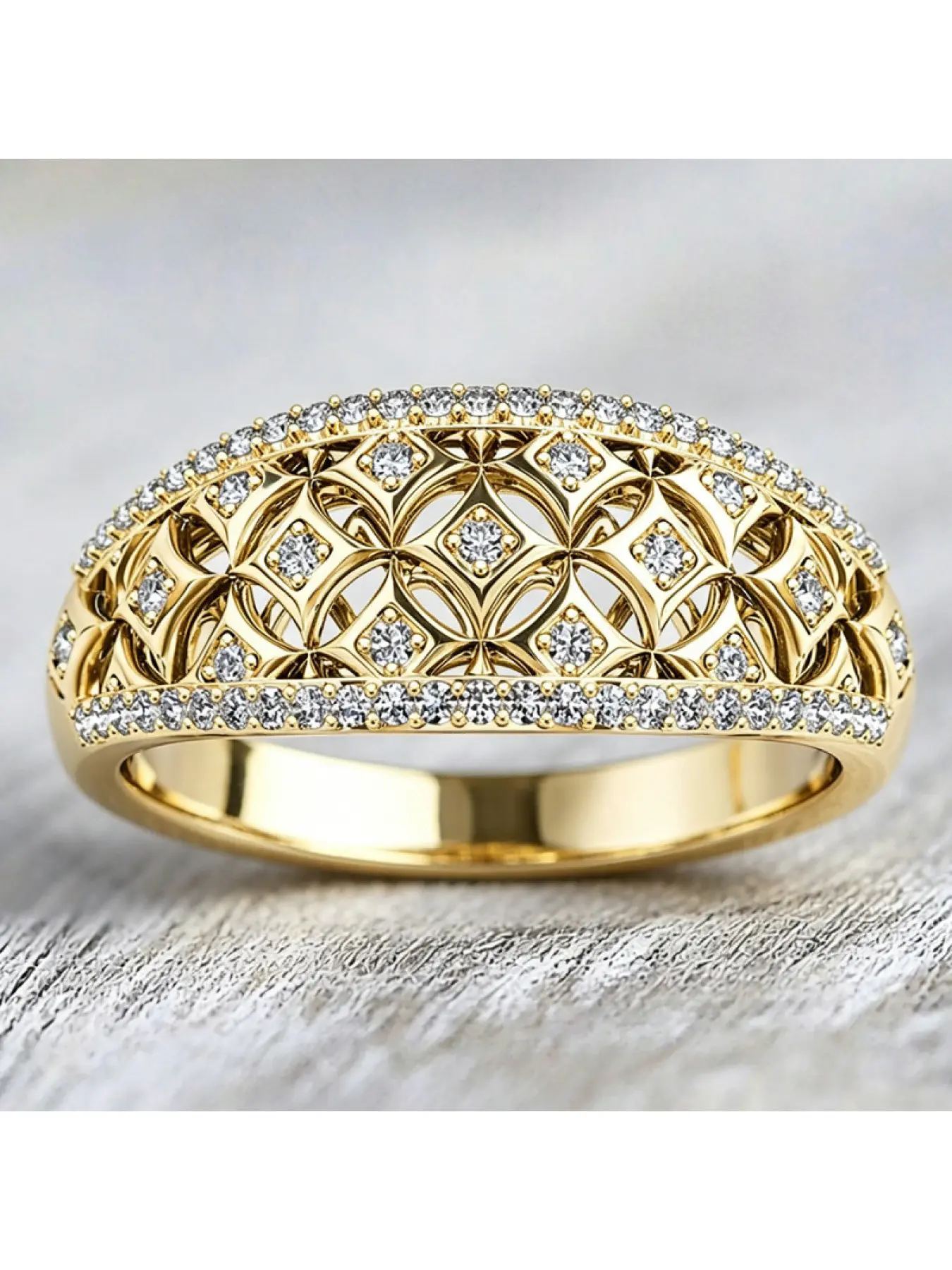 Gold Tone Vintage Filigree Hollow Carved Wide Band Ring for Women, Cubic Zirconia Pave Diamond Pattern Statement Ring, Luxury Retro Floral Jewelry for Wedding Cocktail Daily Office Date Birthday Anniversary Gift