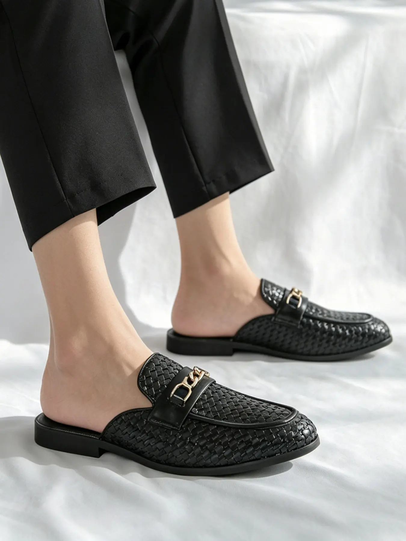 Men's PU Leather Mules, Low Heel Slip-On Sandals, Metal Chain Decor, Casual Business Style, Sizes 38-46, Comfortable & Stylish