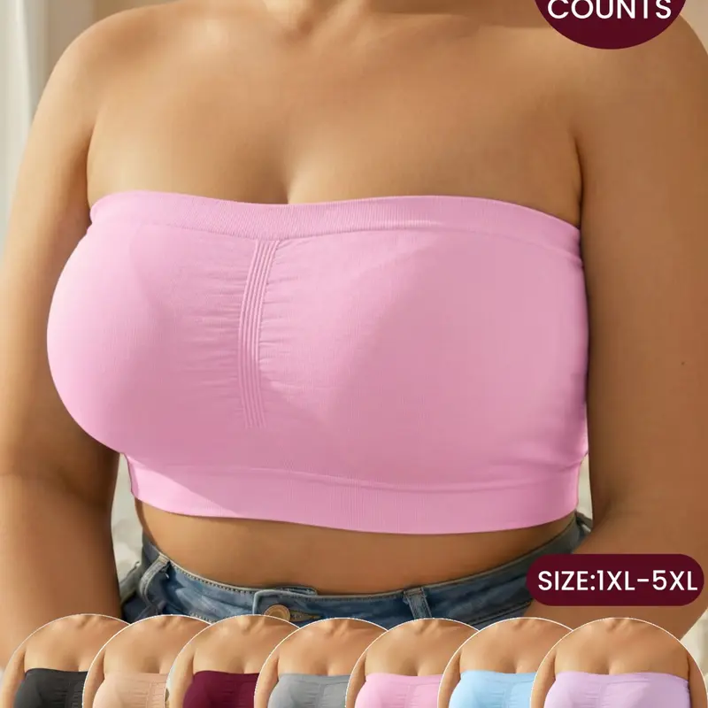 Women's Plus Size Seamless Solid Tube Top, 7-Pack, Strapless Elastic Bandeau, No Padding, Comfortable for Sleep, Home & Daily Wear, All Seasons