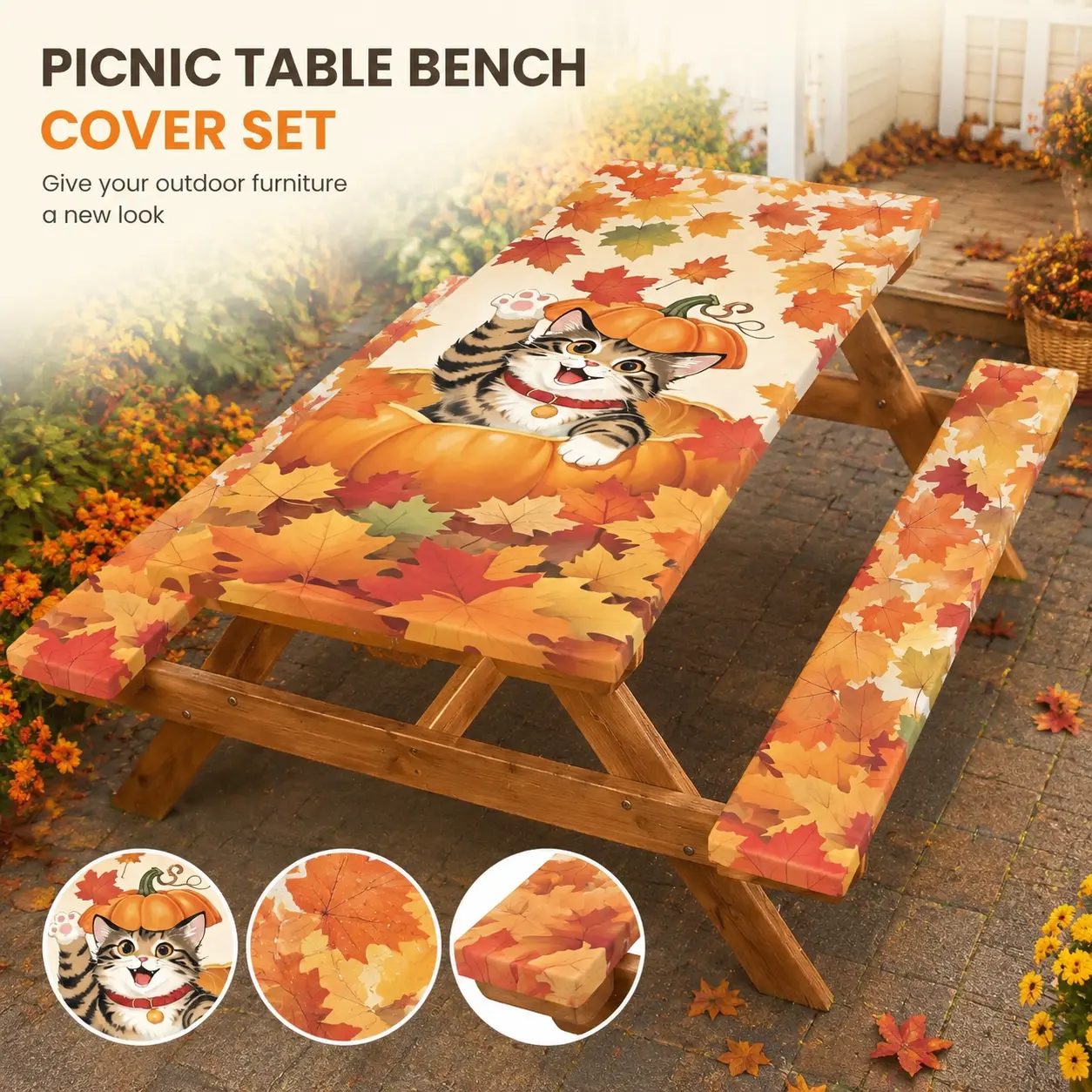 Fall Harvest Cute Pet Picnic Table Bench Cover Set 72"x30",Elastic Stretch Waterproof Table Cloth Protector Covers Scratched Damaged Wooden Picnic Furniture For Outdoor Backyard BBQ Camping, Stain Resistant Easy Clean Thanksgiving Seasonal Table Cover