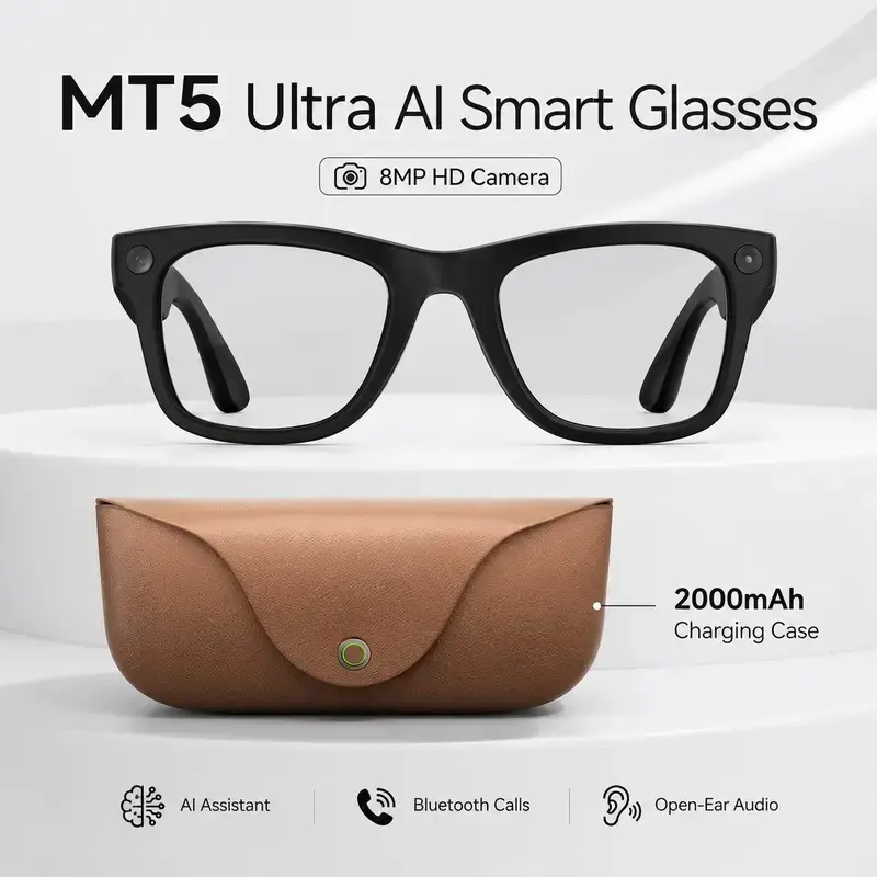 Multifunctiona AI Smart Audio Glasses， with 8MP HD Camera, 300mAh Battery, 2000mAh Charging Case, Wireless Calling AI Translation Voice Assistant HD Video Recording ，Wireless Music, Lightweight 35g, AI Camera Glasses, Multifunctional Smart Glasses
