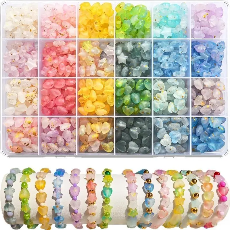 DIY Bag Accessories 600pcs Premium Translucent Gold-Flecked Acrylic Jewelry DIY Beads - Star & Heart Shapes, Smooth, Sturdy, Easy Threading, for Handmade Jewelry, Decorative Bag Charms, Creative Matching