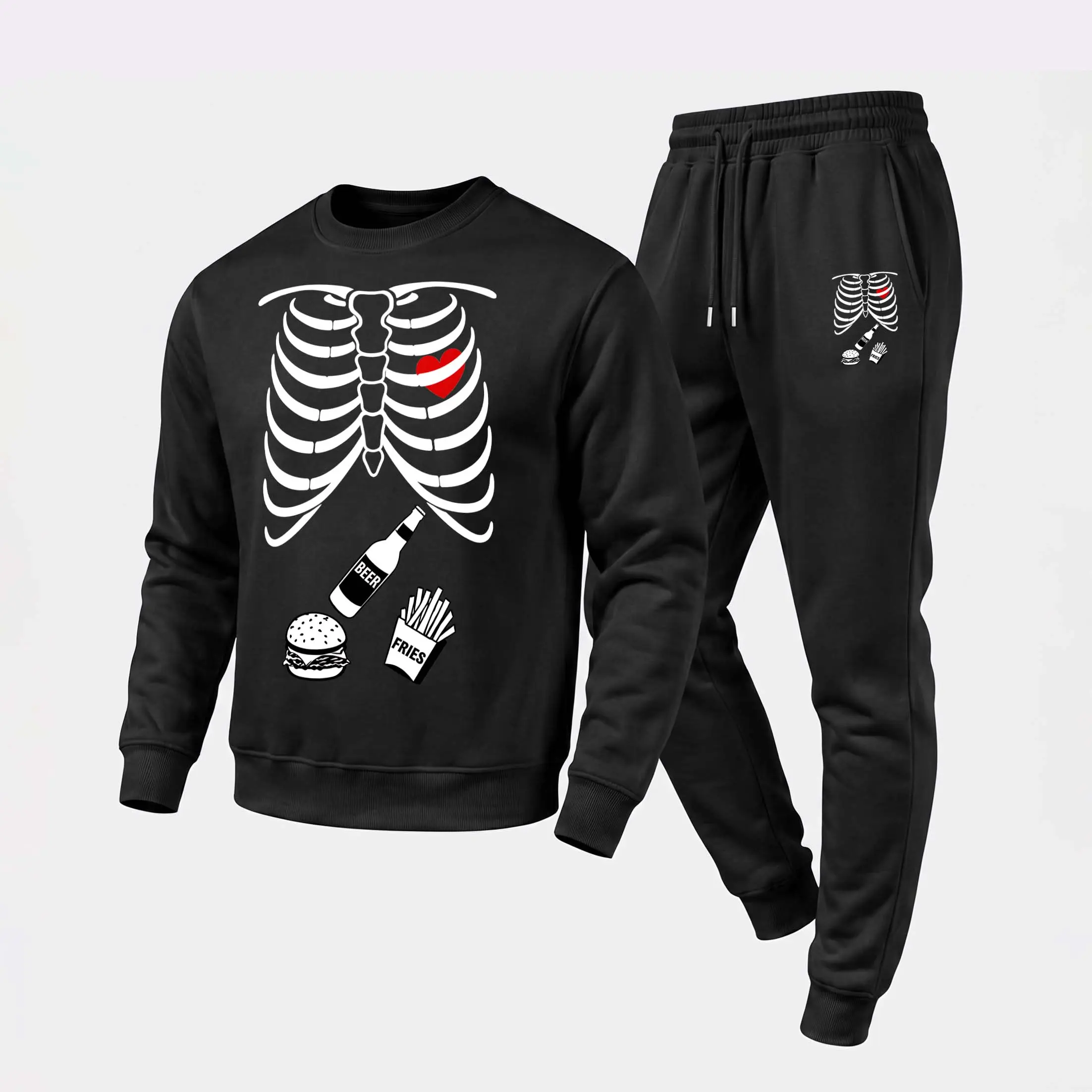 Men's Skull, Ribs, And Heart Halloween Crewneck Sweatshirt and Jogger Pants Set, Casual Long Sleeve Pullover with Drawstring Sweatpants, Fall Winter Tracksuit for Daily Wear, Travel, Lounge, Workout and Indoor Outdoor Activities