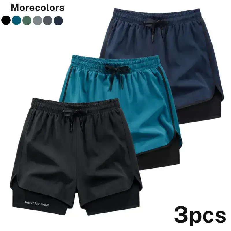 Men’s quick dry shorts, two piece faux design, 3 pack; inner anti exposure tight liner; high stretch, breathable, no sweat buildup; suitable for everyday sports and casual wear.
