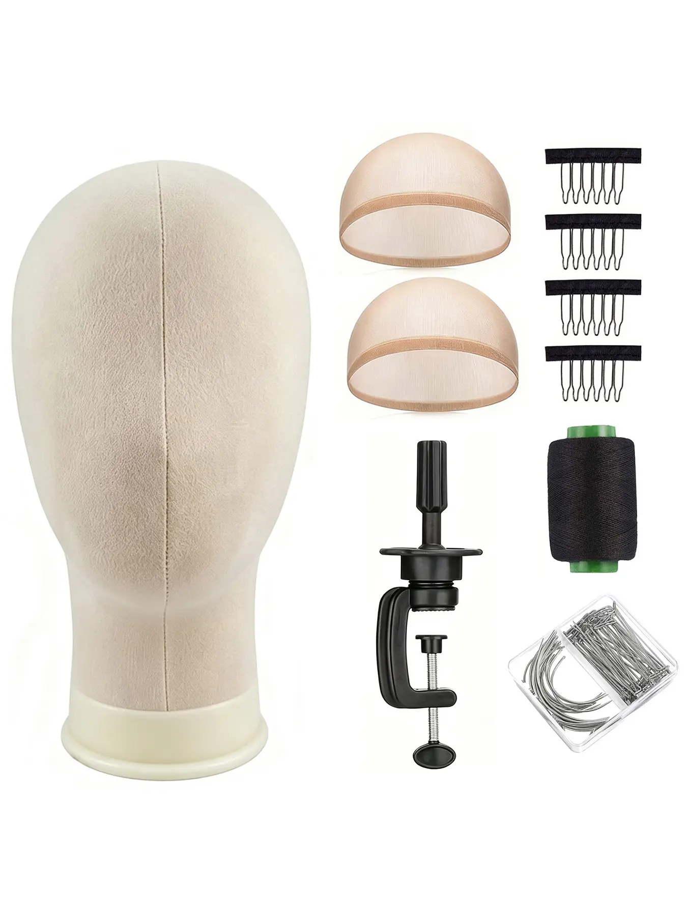 Canvas Block Wig Head, Wig Making Mannequin Head with realistic facial contours, ideal for wig display. Equipped with wig cap, inner hair net, table clamp, sewing kit and fabric hair clips, perfect for wig crafting.