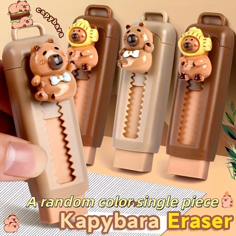 Cute Capybara Eraser with Glasses and Hat, Kawaii Rectangular Rubber Eraser, Durable Drawing Pencil Eraser for Adults & Students, Creative Artistic Stationery Supplies, Random Color