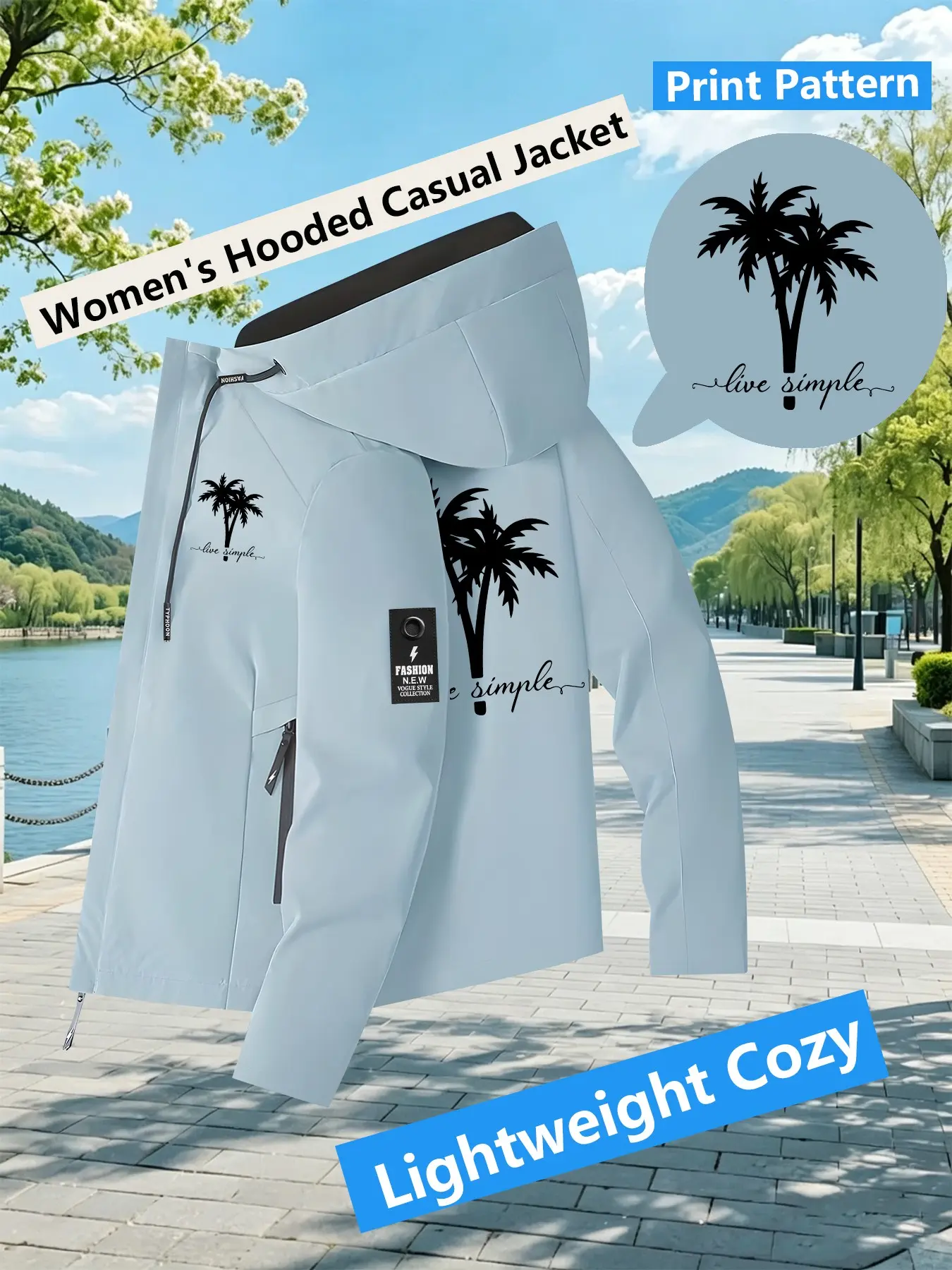 Women's Hooded Windbreaker Jacket Double sided Coconut Tree Live Simple Print Jacket Two Color Options Hooded Loose All Season Warm Jacket Ideal for Daily Commute Hiking Climbing Wear Skin Friendly Breathable Machine Washable Plussize