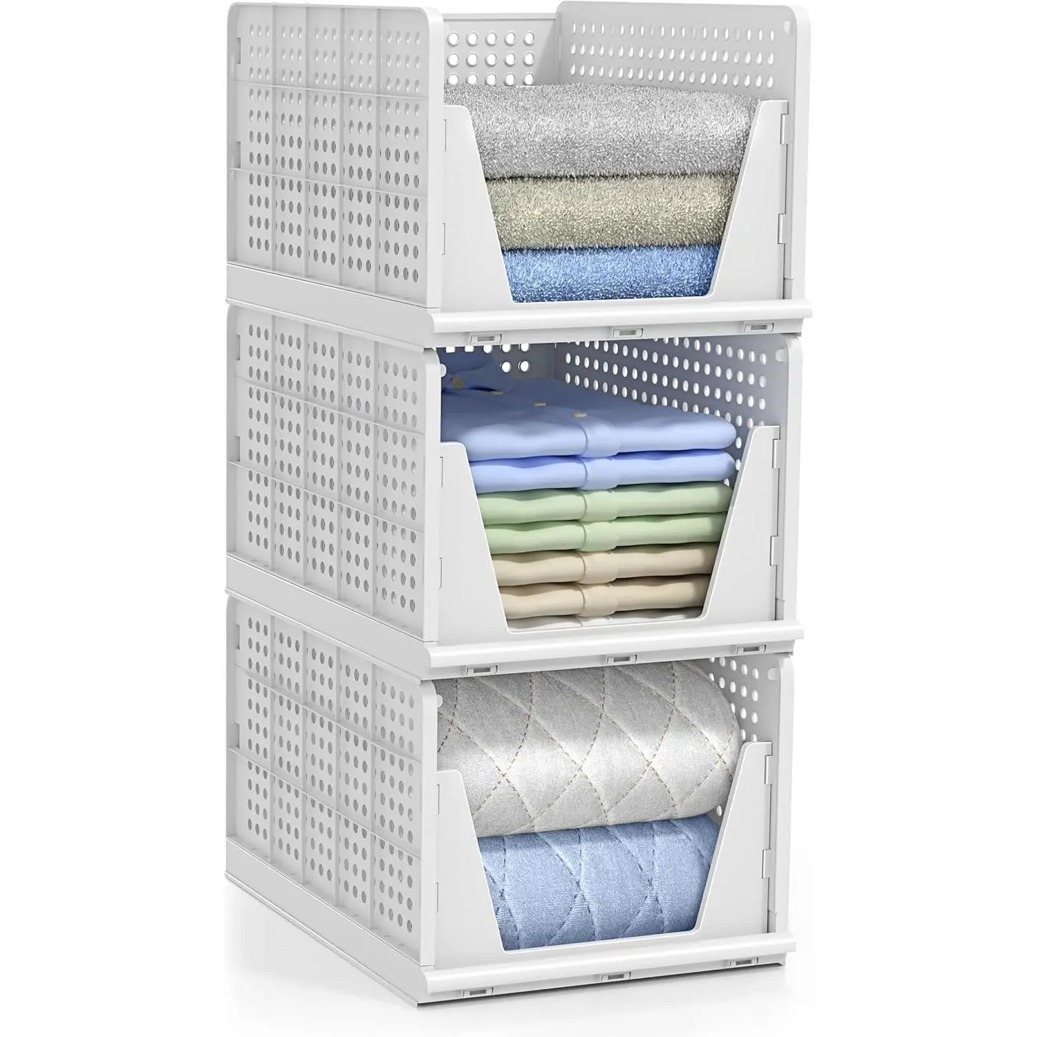 3-Pack Folding Plastic Closet Shelf Organizer Bin - Stackable, Open-Front Easy-Access Storage for Clothes, Laundry, Closet, Kitchen