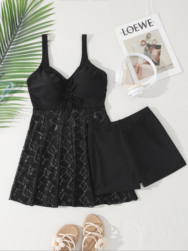 Women's Plant Print V-Neck Swimdress & Bottom Set, Casual Sleeveless Tankini Top & Shorts Two-piece Swimsuit for Beach Holiday Vacation, Ladies Swimwear for All Seasons Women's Plant Print V-Neck Swimdress & Bottom Set, Casual Sleeveless Tankini Top & Shorts Two-piece Swimsuit for Beach Holiday Vacation, Ladies Swimwear for All Seasons