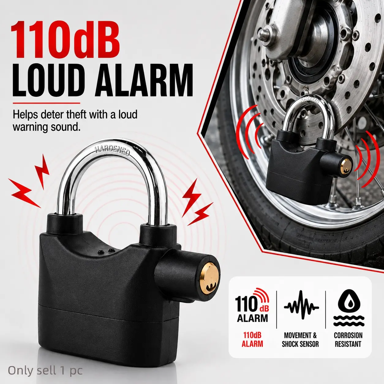 110dB Loud Alarm Hanging Padlock, Compact Size, Outdoor Security Lock with 3 Keys, Anti-Theft U Shackle Lock for Garages, Fences, Gates, Sheds, Storage Units, Bikes and Motorcycles, Corrosion Resistant