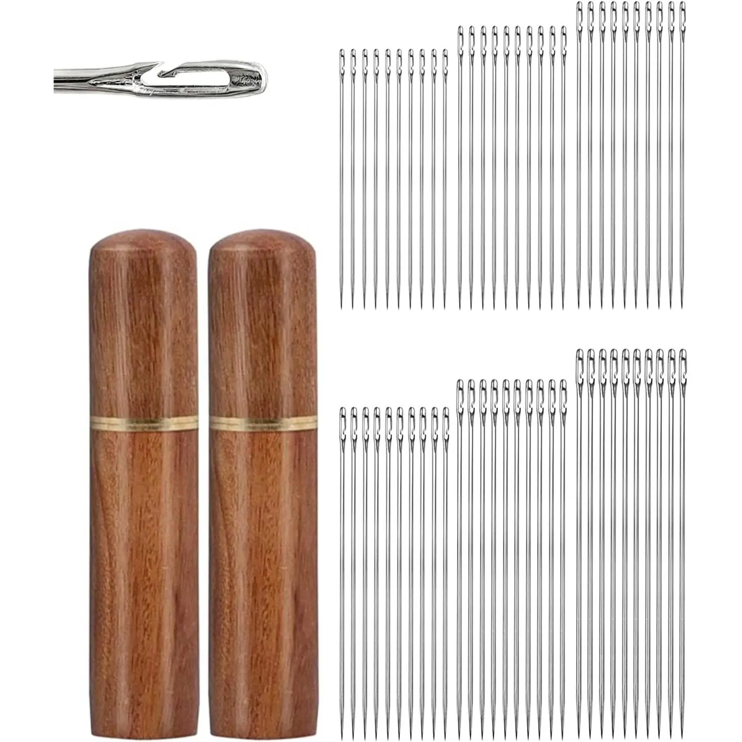 60PCS Self Threading Sewing Needles, 6 Sizes of Embroidery Needl, Easy Side Threading Hand Sewing Needles with Wooden Needle Case