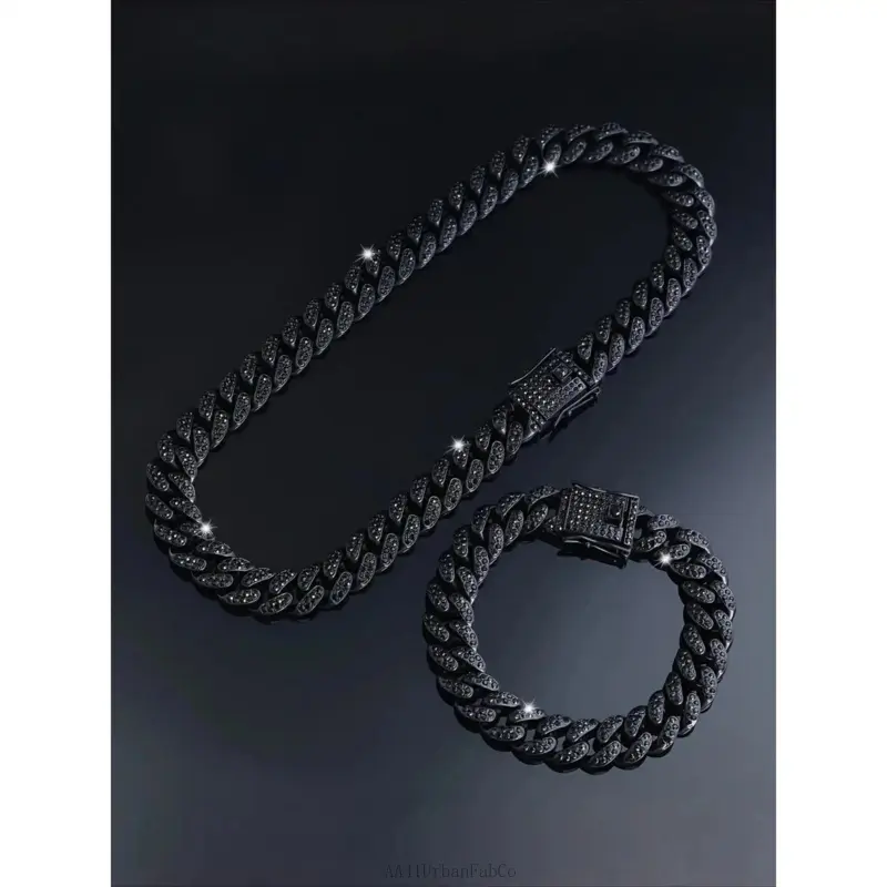 of 2 Black Cuban Chains Including a Necklace And Bracelet, Designed for Men. This Hip Hop Jewelry Set Features a Choker Necklace, Ideal for Rappers. A Great Gift Choice for Boyfriends, Sons, And Fathers, Jewellery Gift Set AA41UrbanFabCo