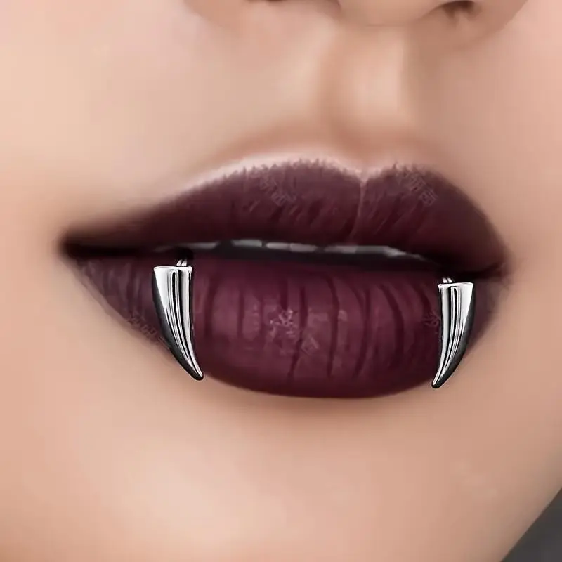2 Pcs Stainless Steel Vampire Devil Fang Teeth Ring, Non-Piercing Lip Clip, Halloween C-Shaped False Lip Ring, Costume Jewelry Accessory