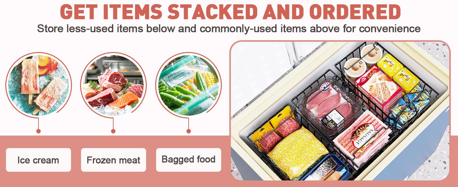 VANCASTLE Freezer Organizer Bins with Foldable Handle, Stackable Freezer Baskets for 3.5-7 Cu.FT Deep Chest Freezer Organization, Coated Metal Freezer Storage Bins with Better Space Utilization