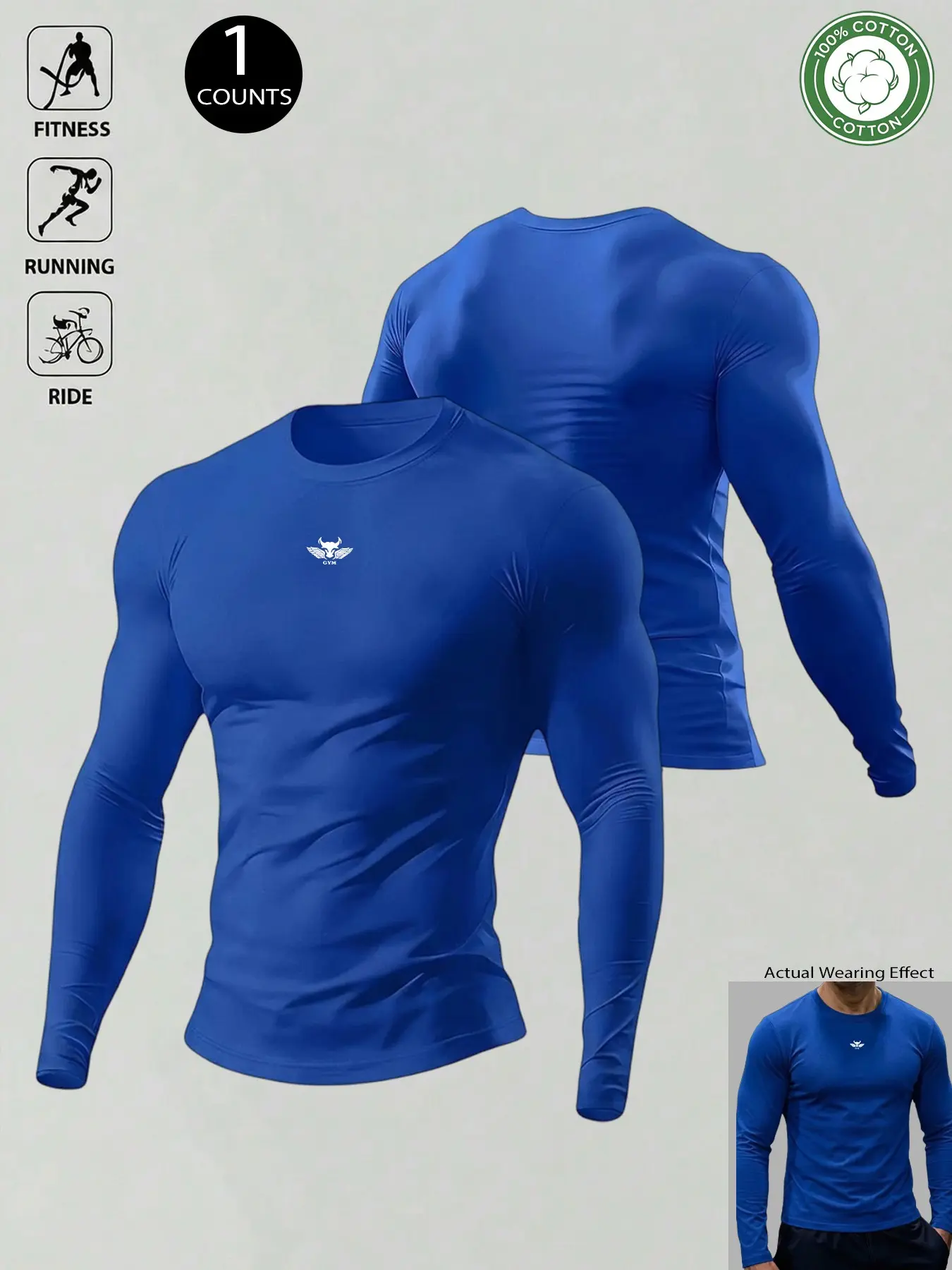 100% Cotton Fitted Long Sleeve T-Shirt for Men, Athleisure Muscle Fit Top, Light Outdoor Streetwear Base Layer, Ideal for Gym Lifting, Running, Cycling, Daily Casual & Street Outfits Gym Wear, Workout Top