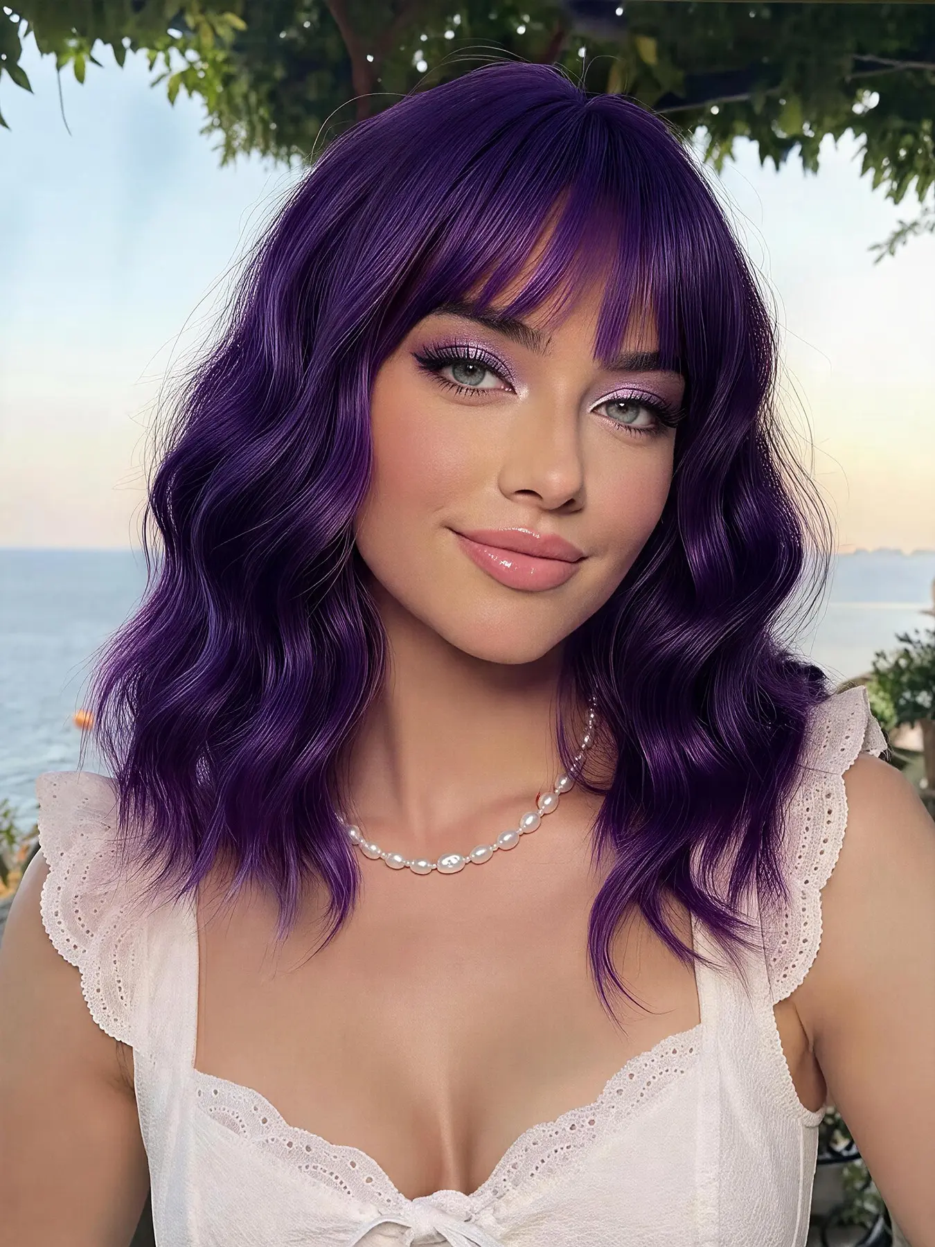  Dark Purple Short Wavy Wig with Bangs for Women Curly Wigs Natural Wavy Synthetic Wigs for Daily Party Cosplay 14inch