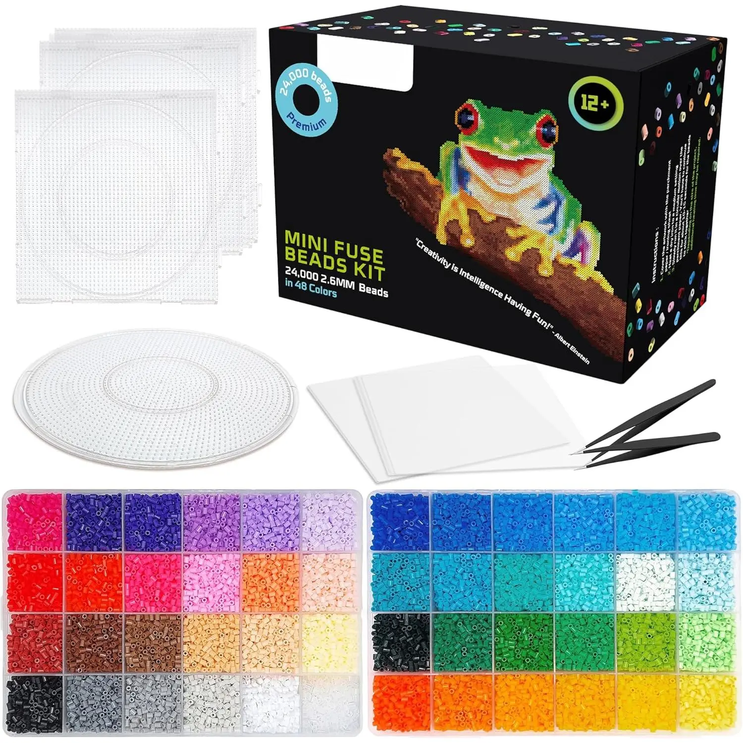 24,000 Mini Fuse Beads Kit - Tiny 2.6mm Beads, 48 Colors, 5 Pegboards, 2 Tweezers - Compatible with Perler, Hama, Melty, Iron Beads - Pixel Art Craft Kit for Ages 10+