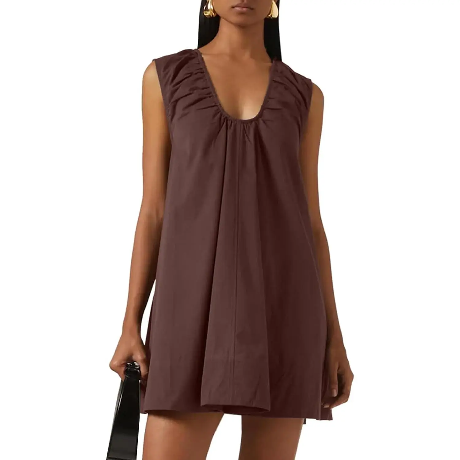 Women's Oversized Comfy Breathable Babydoll Mini Dress - Summer Sleeveless Scoop Neck Solid Sundress with Belt, Pockets for Vacation Beach, Cute