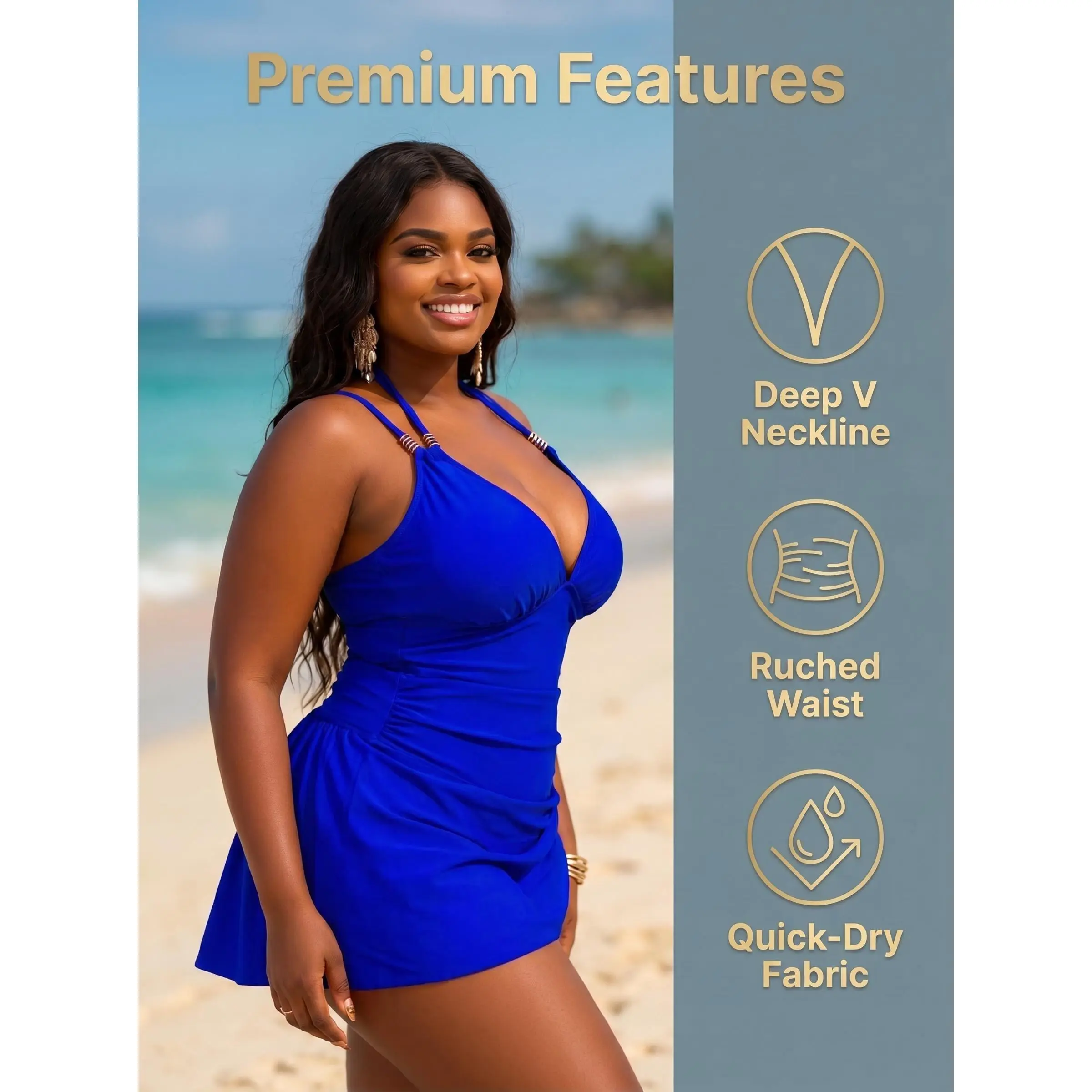 Women’s Bright Blue Halter V-Neck 1-Piece Swim Dress, Side-Ruched Tummy Control Flared Skirt Bathing Suit, Quick-Dry Slimming Modest Swimwear for Beach, Pool Party, Tropical Summer Vacation