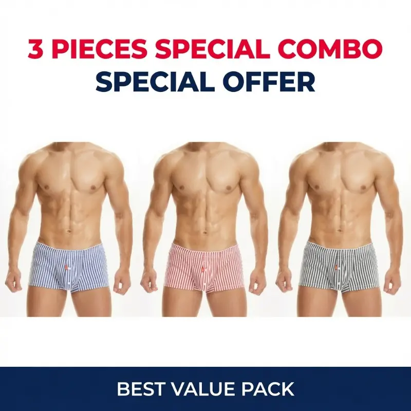 Men's Woven Cotton Boxer Briefs 3-Pack - Mid Waist, Vertical Stripes, Letter Print Waistband, Menswear, Letter Floral, Tropical Print, Casual Daily Wear Underwear