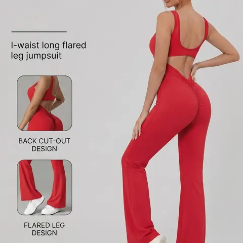 Women's H-Type Open Back Jumpsuit, Casual Plain Design, Yoga & Home Workout, High-Waisted Flared Pants, All-Seasons Fashion, High Elasticity Sporty Chic Jumpsuit, Workout Jumpsuits