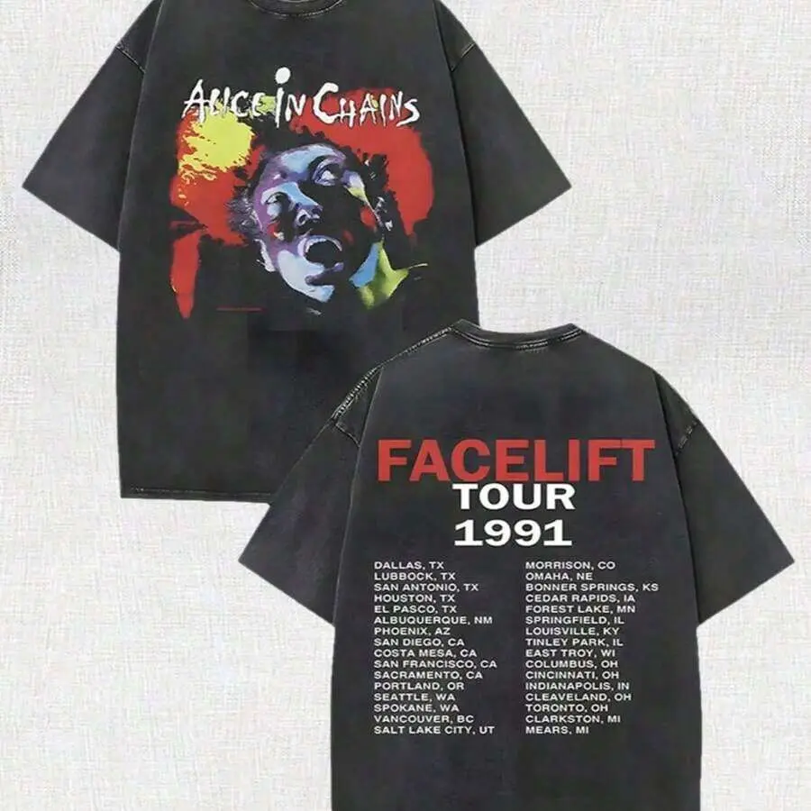 Men's Alice's 1991 Chain Concert Tour Face Transformation Graphic T-Shirt, Classic Cotton Apparel, Loose Retro Casual Round Neck Shortsleeve Washed Summer Top, Menswear, Oversize